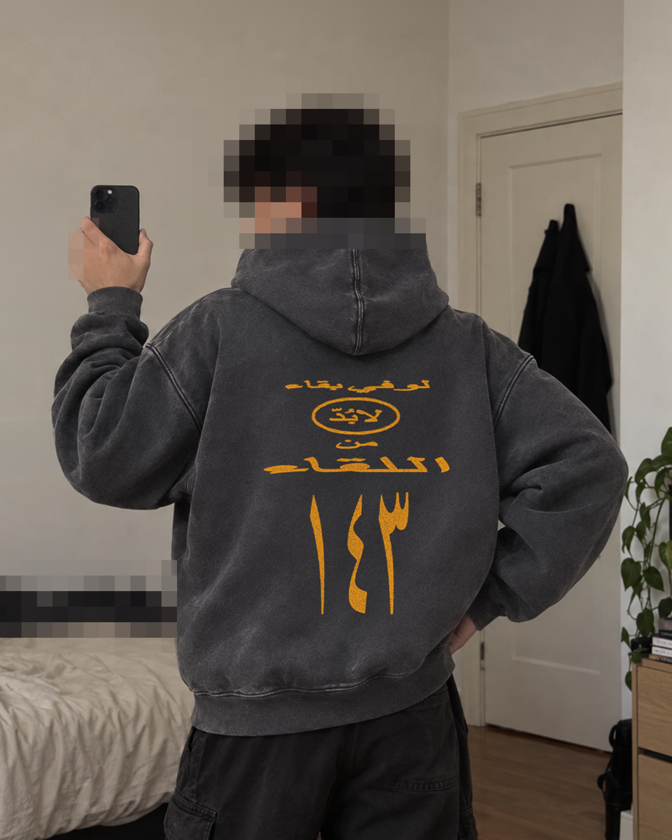 143 Washed Hoodie — back view on model in dark grey