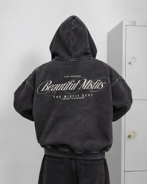 Beautiful Misfits Washed Hoodie — dark grey back view on model