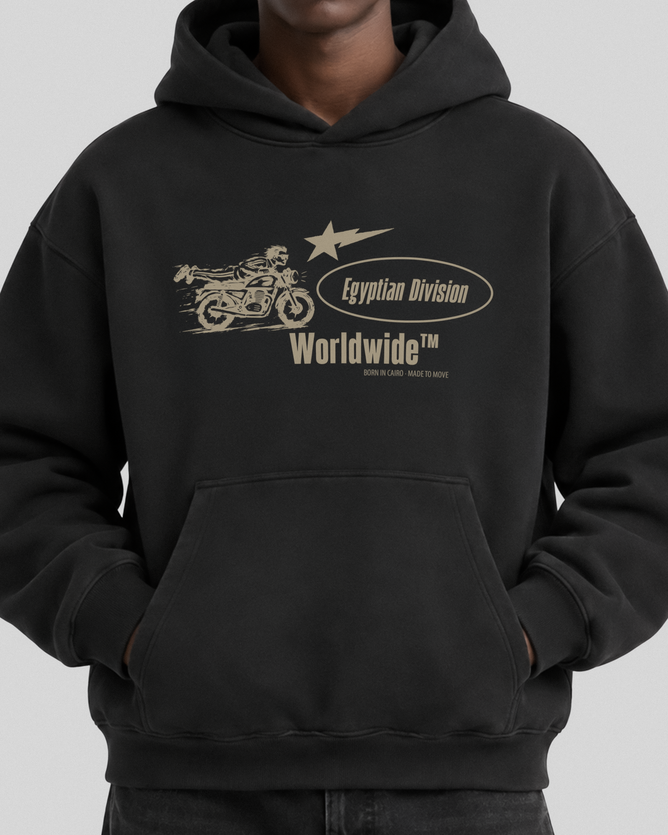 Egyptian Division Hoodie in black — front graphic detail