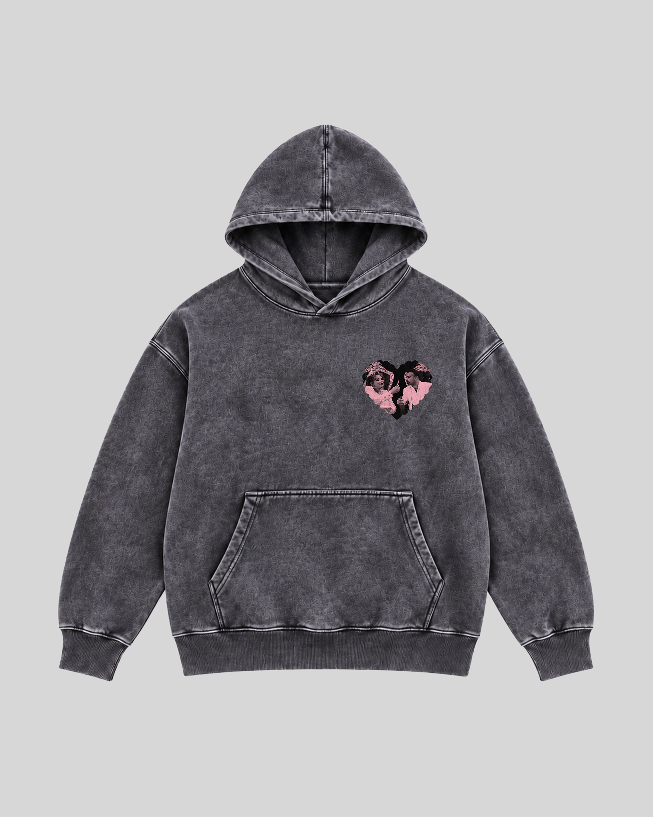 Fi Eidak El Dawa Washed Hoodie in dark grey — front view