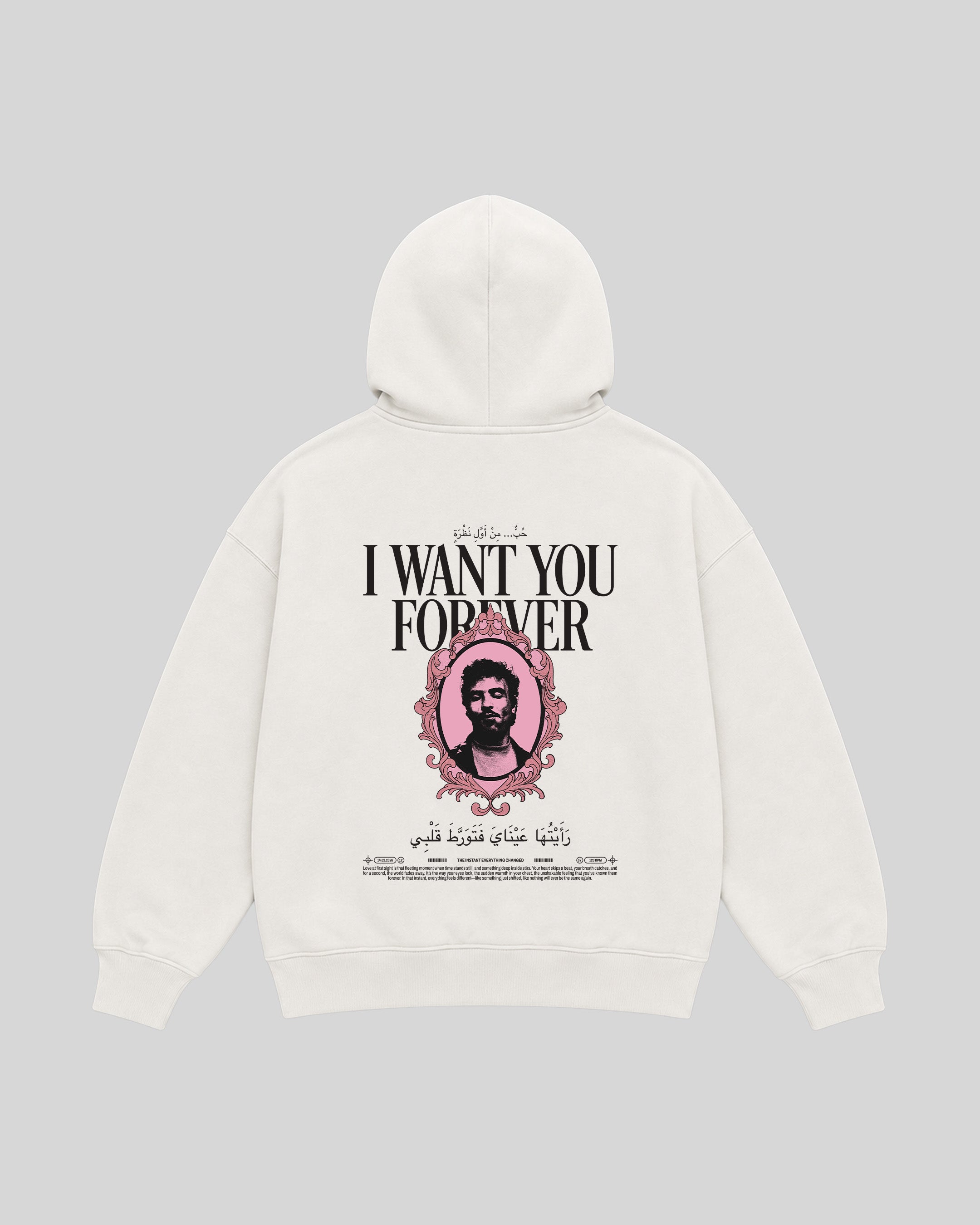Forever Hoodie in white, back view with portrait graphic