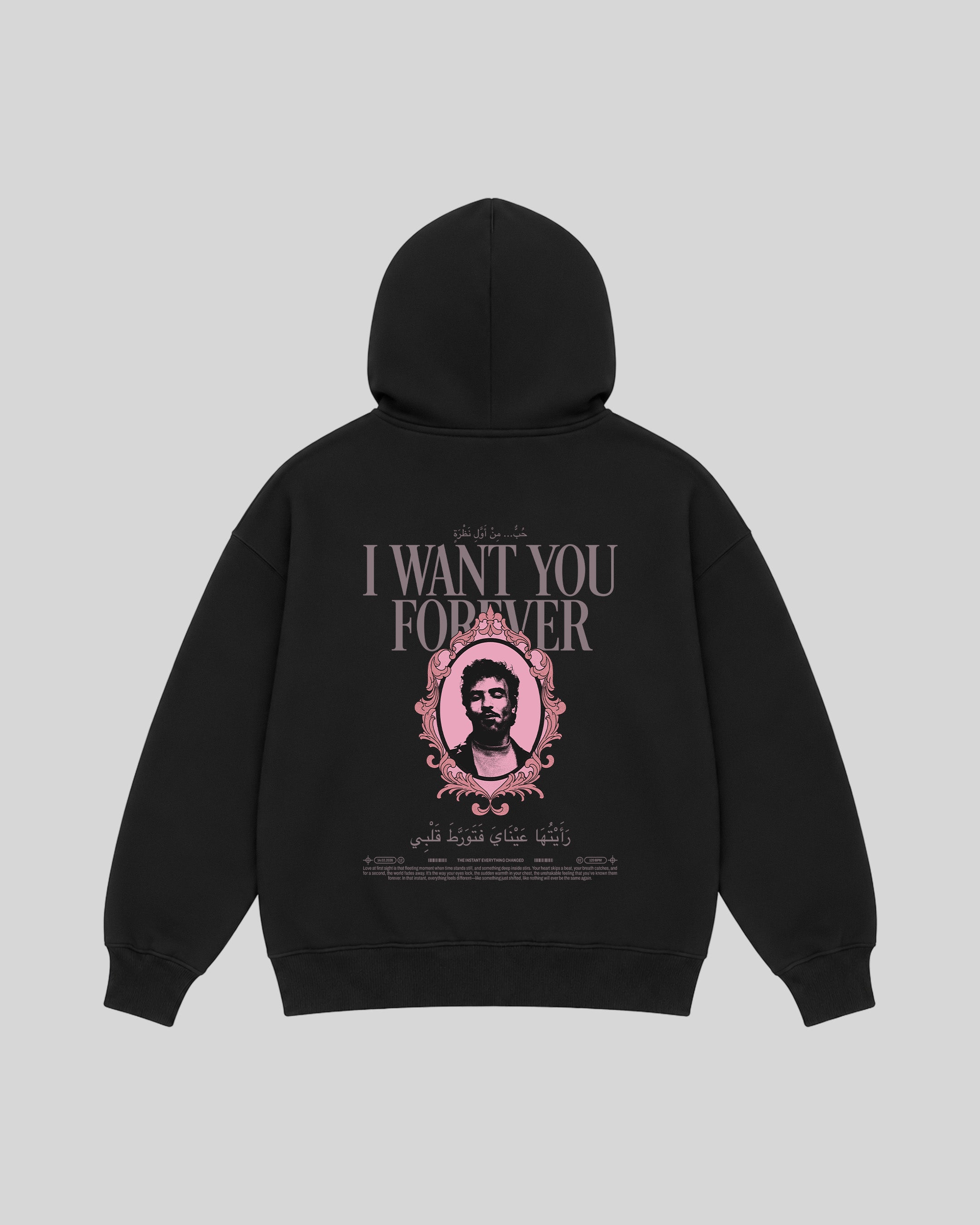 Forever Hoodie in black, back view with portrait graphic
