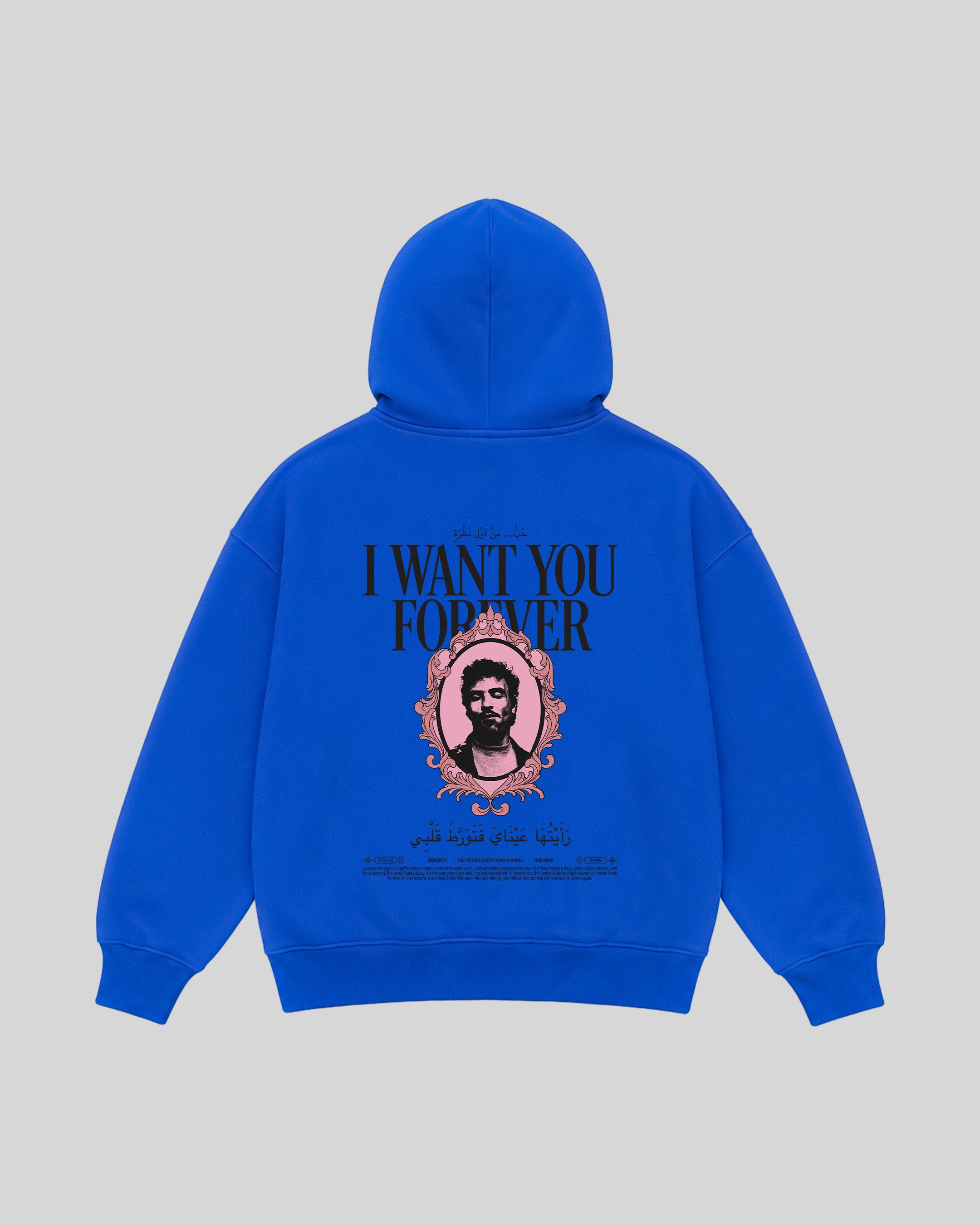 Forever Hoodie in royal blue, back view with portrait graphic