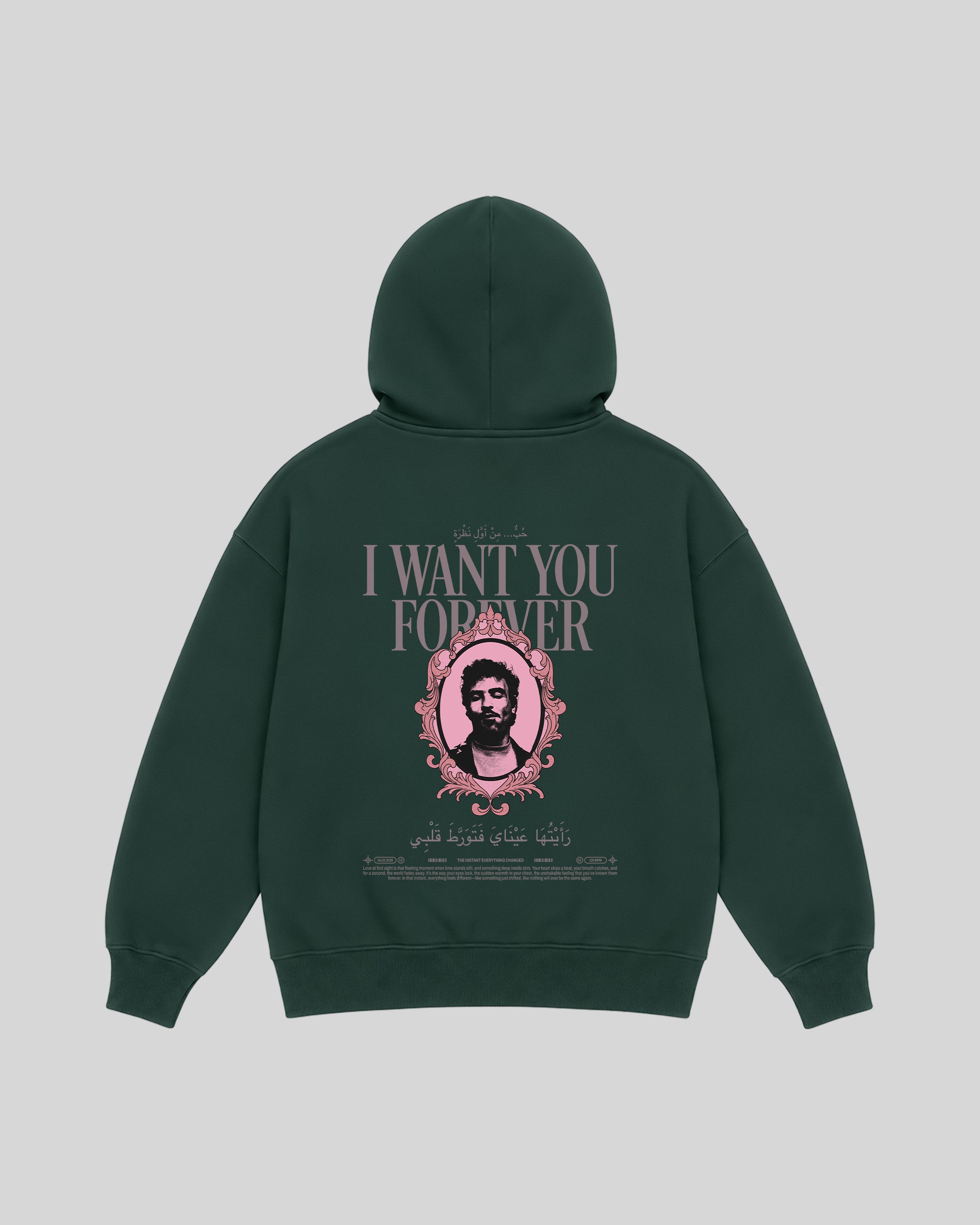 Forever Hoodie in forest green, back view with portrait graphic