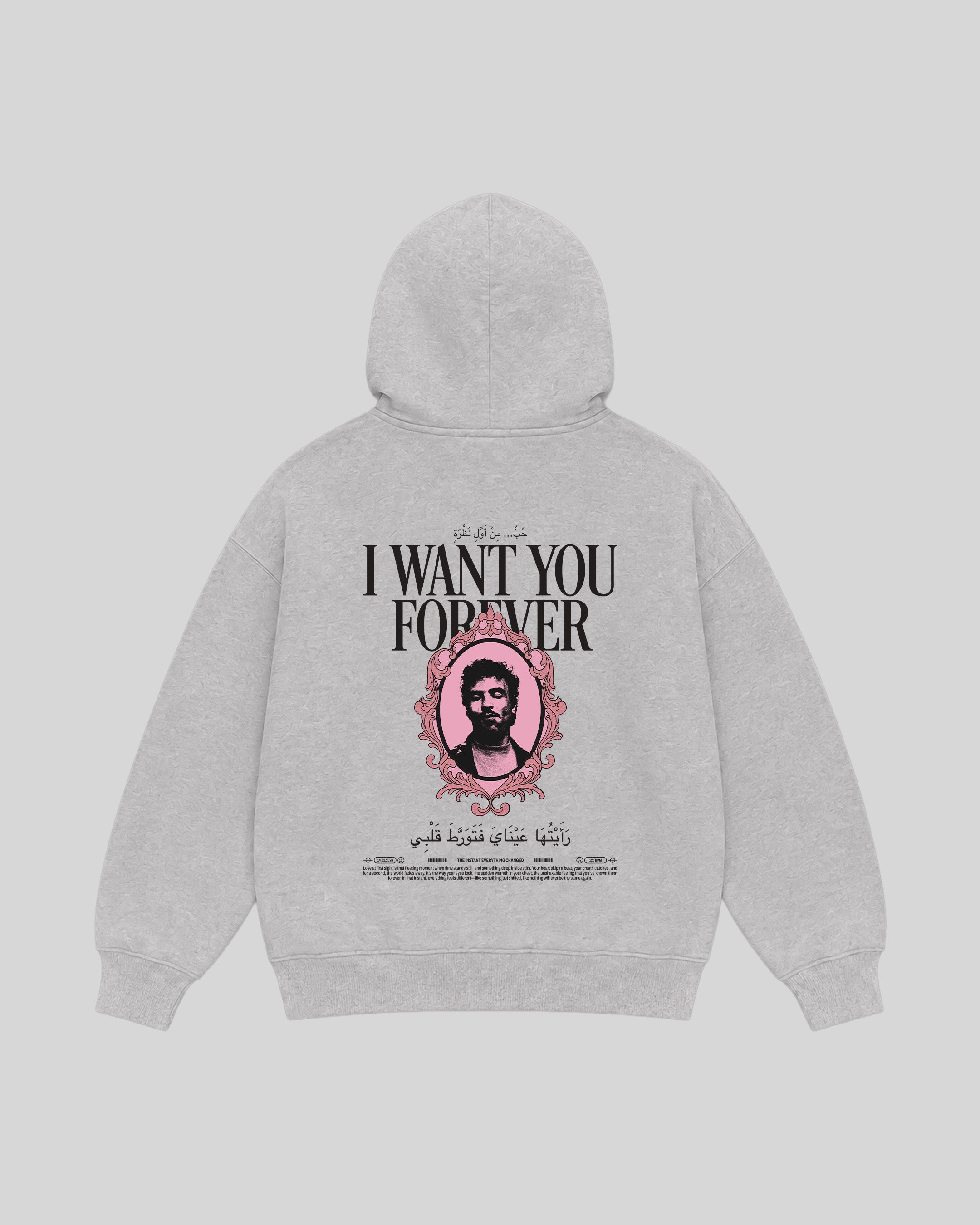 Forever Hoodie in grey, back view with portrait graphic