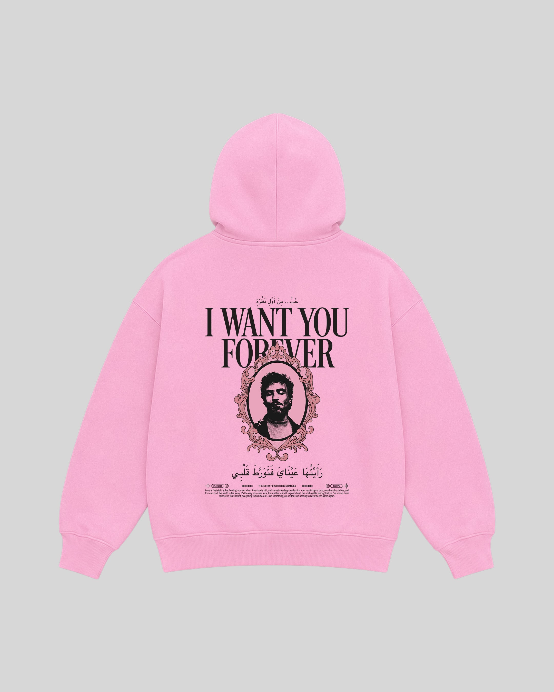 Forever Hoodie in pink, back view with portrait graphic