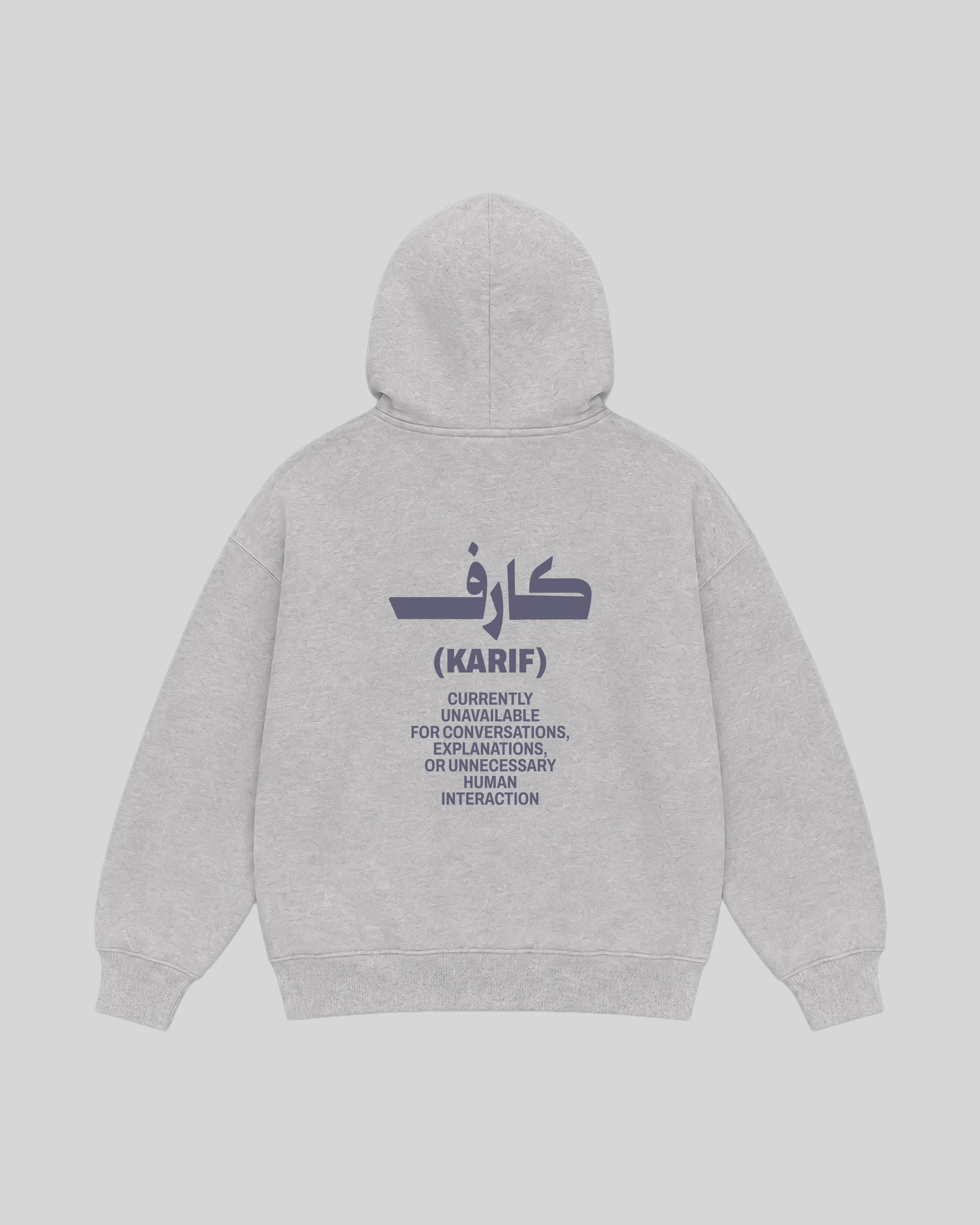 Karif Hoodie in grey, back view with Arabic graphic