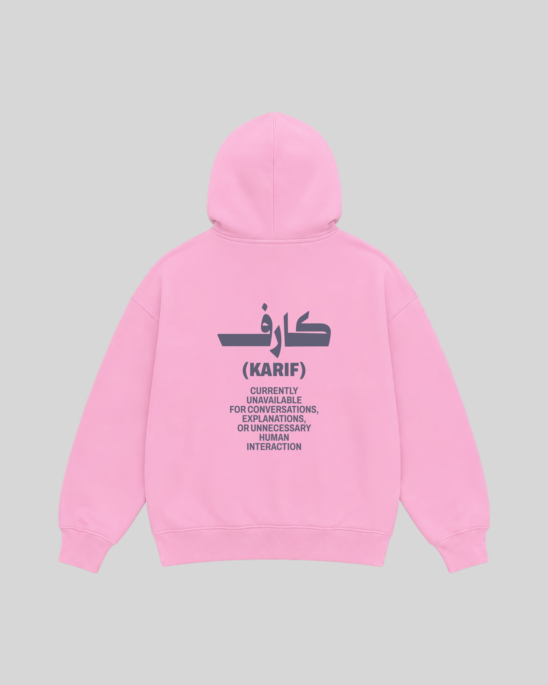 Karif Hoodie in pink, back view with Arabic graphic