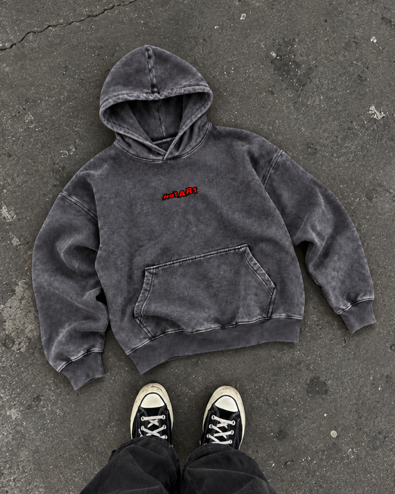 NOTART Original Washed Hoodie in dark grey, flat-lay front view with red chest logo