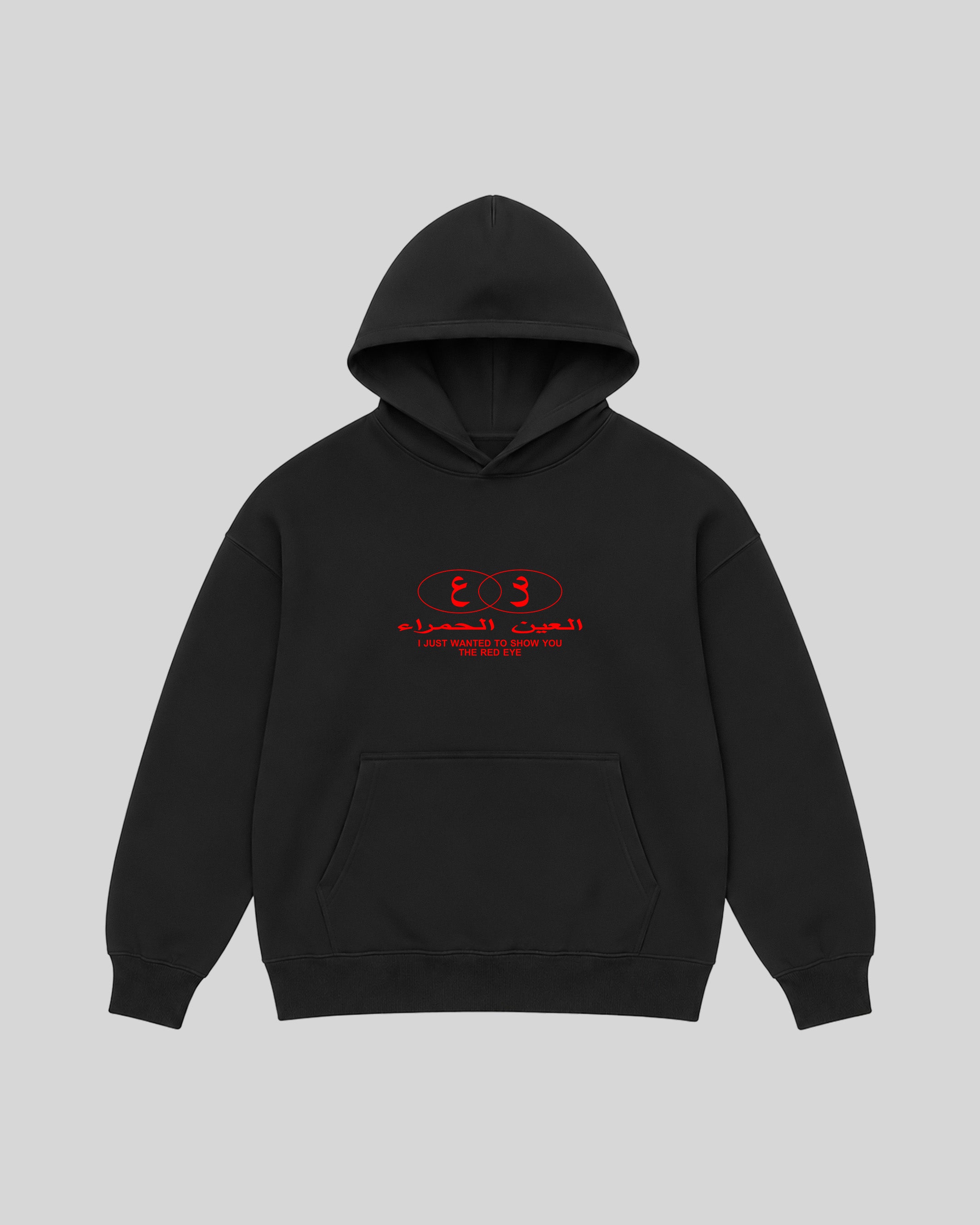 Red Eye Hoodie in black, front view