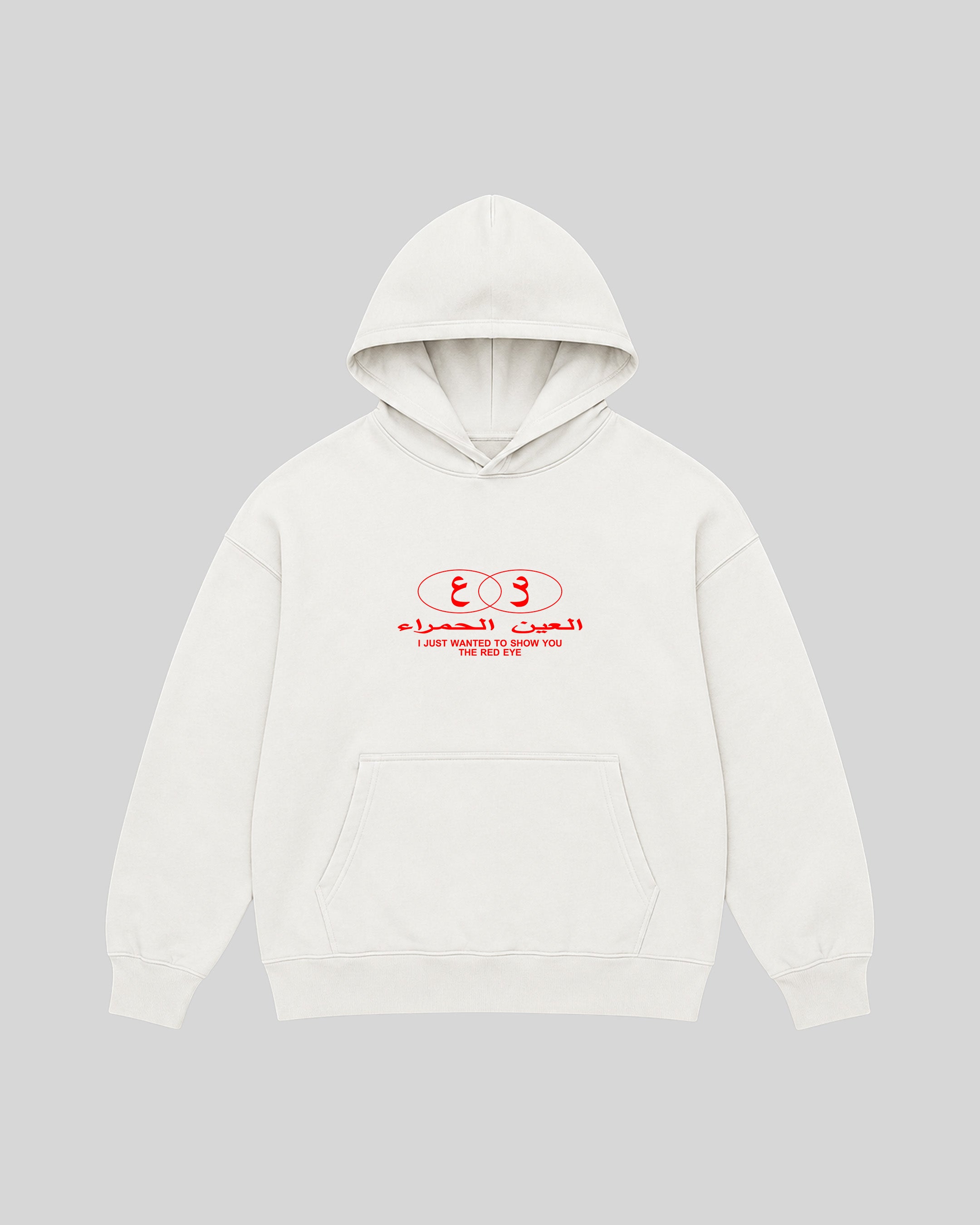 Red Eye Hoodie in white, front view