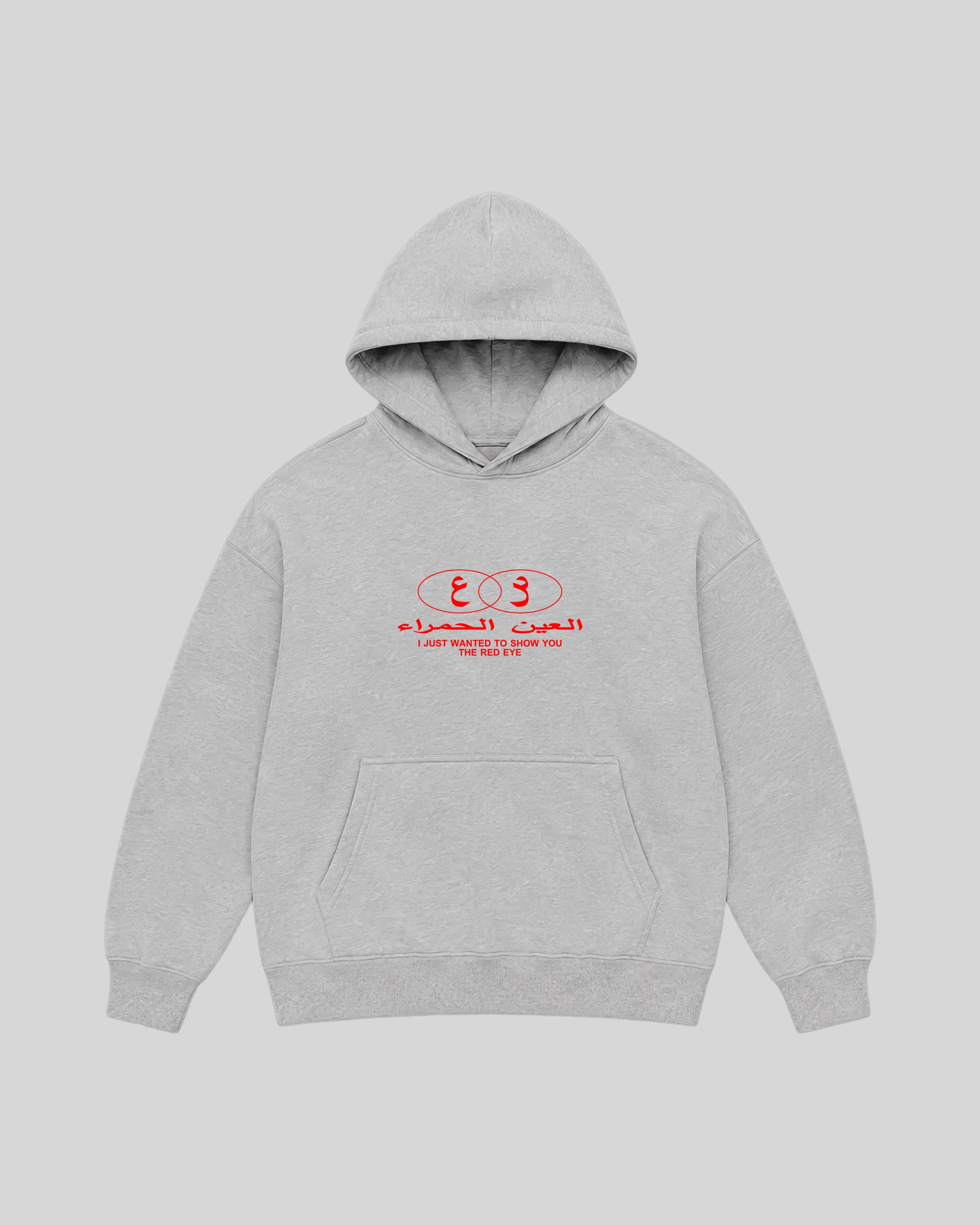 Red Eye Hoodie in grey, front view