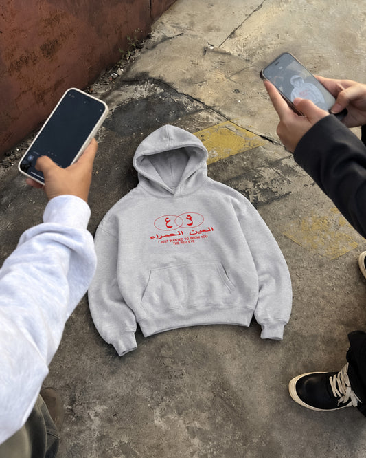 Red Eye Hoodie in grey, streetwear flat-lay cover