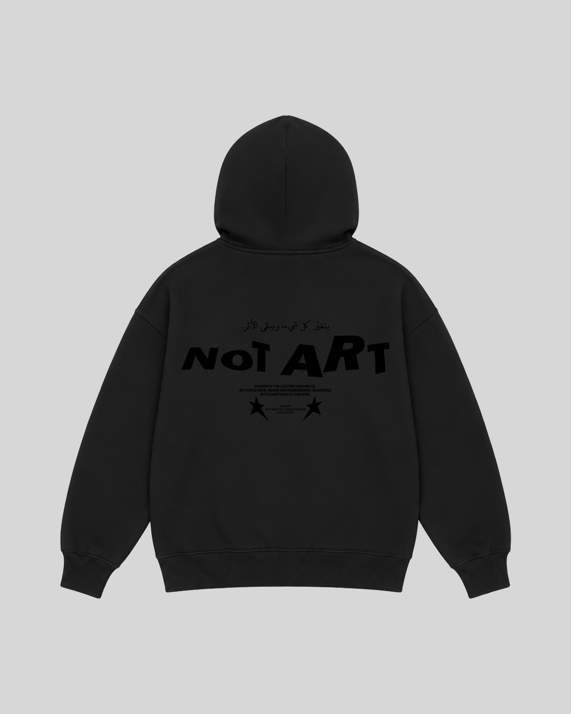 The Trace Hoodie in black, back view with NOTART graphic