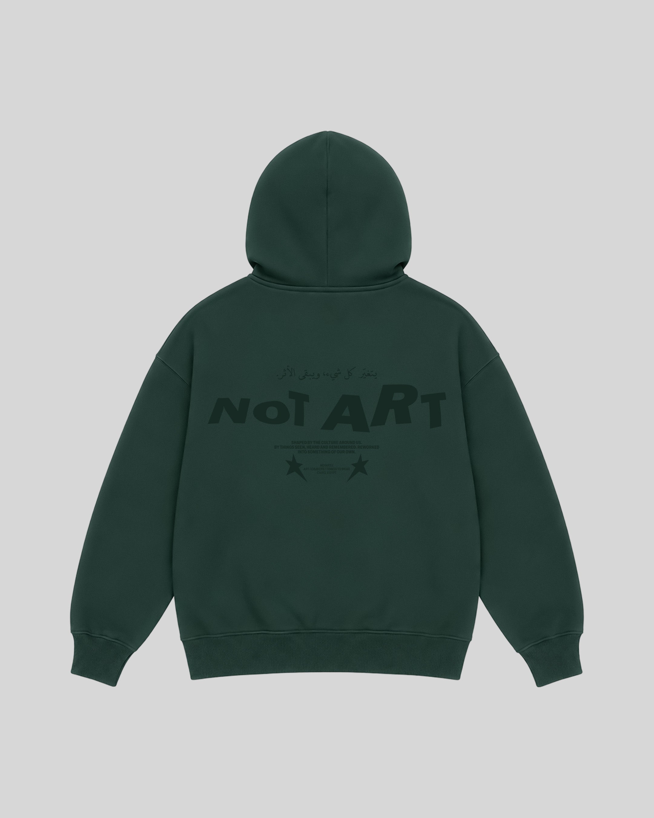 The Trace Hoodie in forest green, back view with NOTART graphic