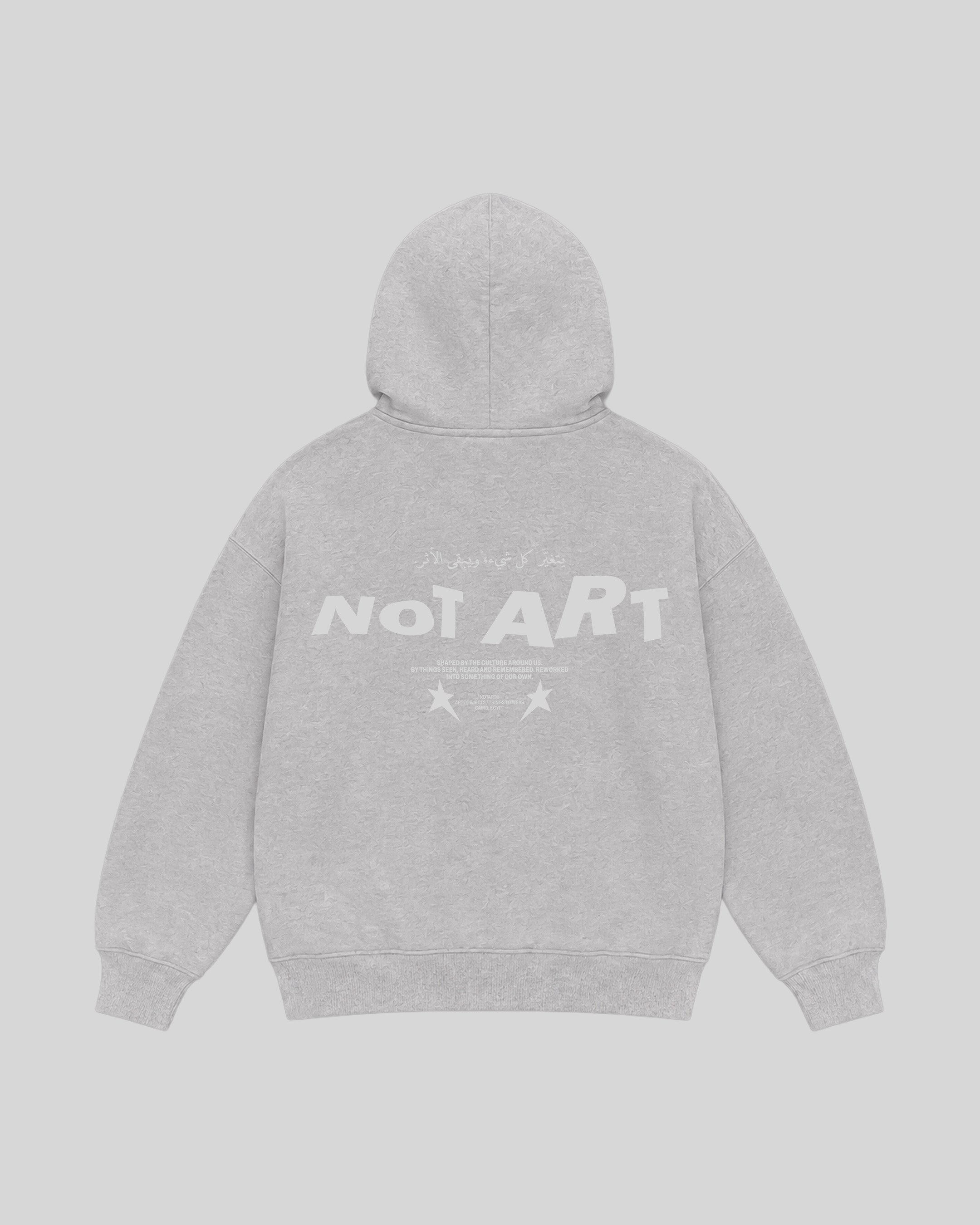 The Trace Hoodie in grey, back view with NOTART graphic