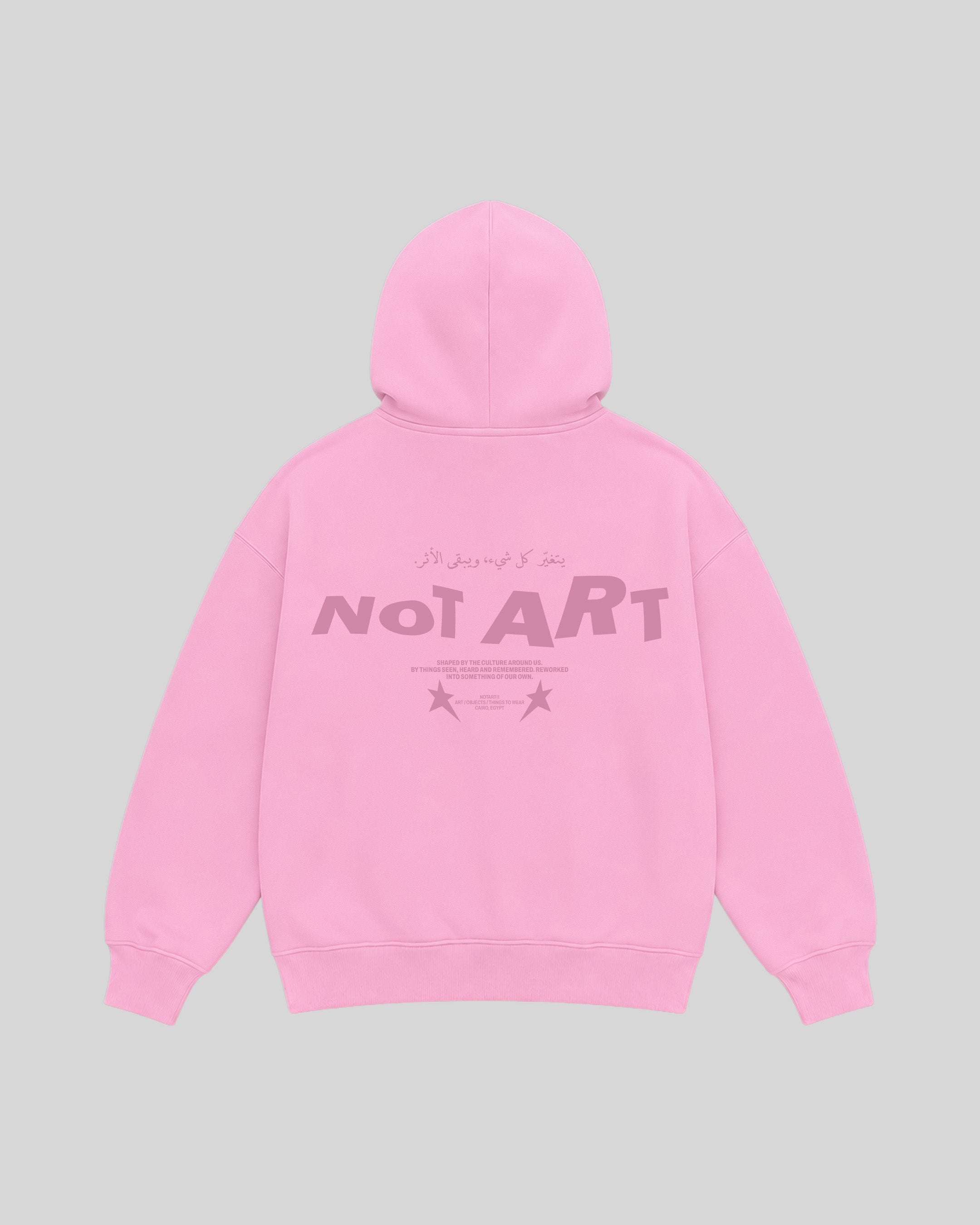 The Trace Hoodie in pink, back view with NOTART graphic
