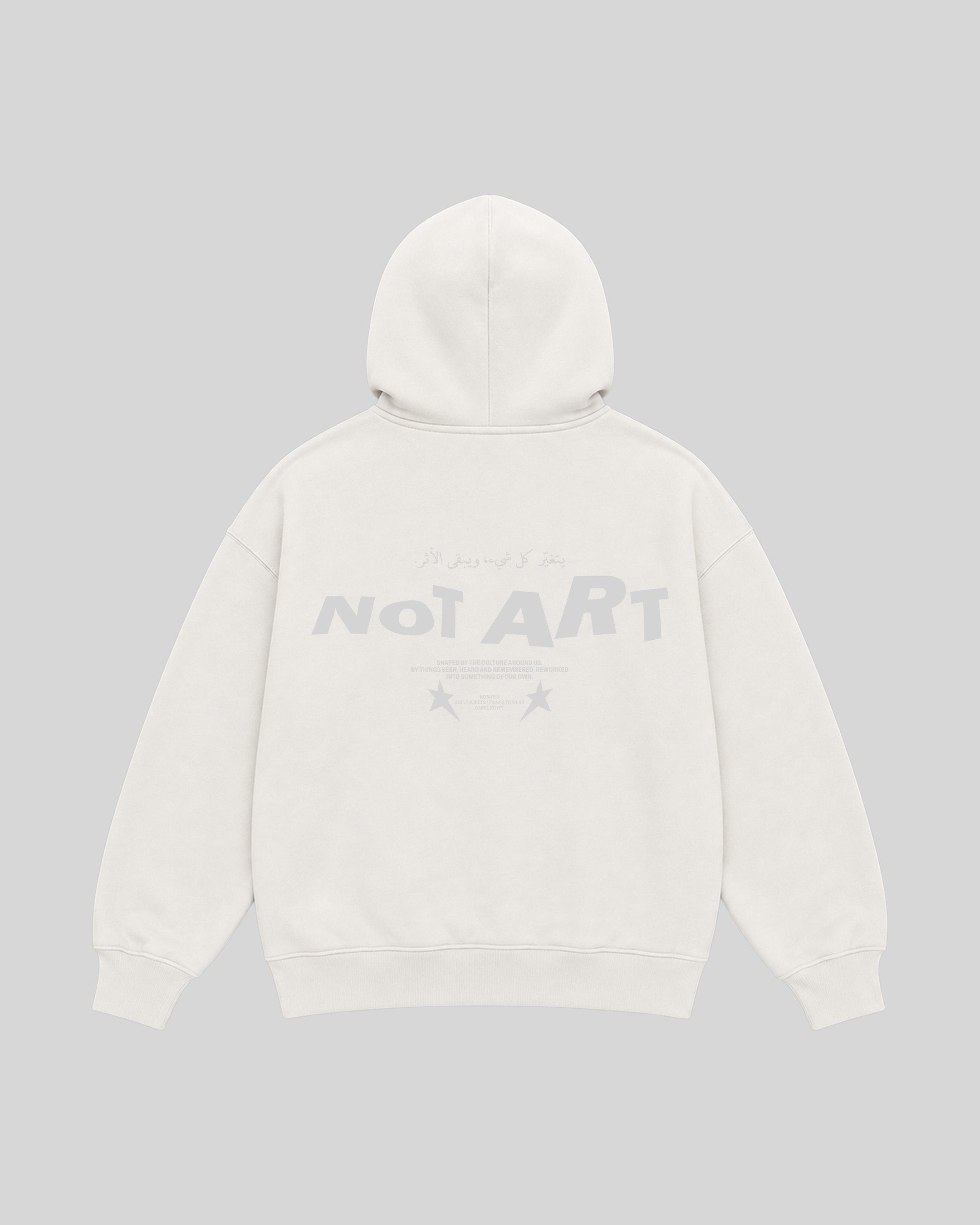 The Trace Hoodie in white, back view with NOTART graphic